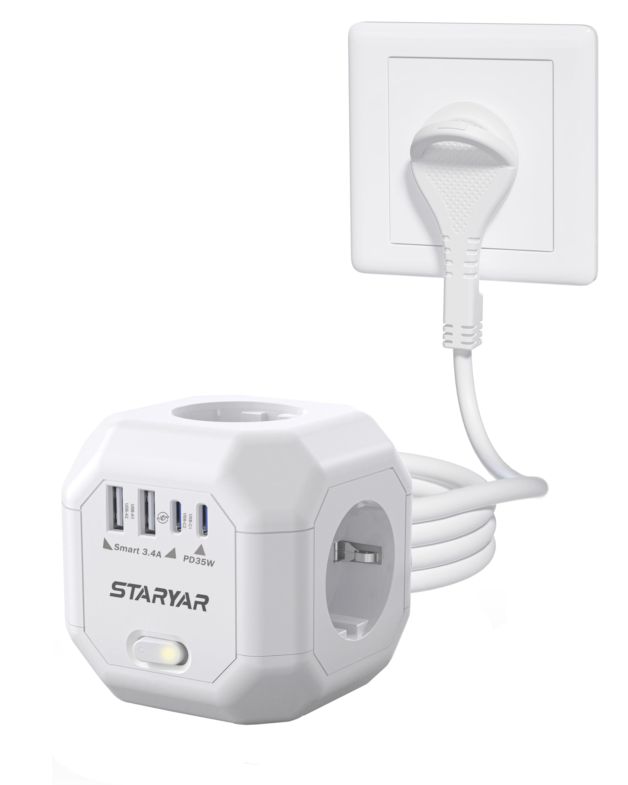 Listwa zasilająca Cube z 4 gniazdami wtykowymi, z gniazdem USB, 4000 W, adapter do gniazd, 2 m, przedłużacz, listwa zasilająca, ochrona przed przepięciem, do biura