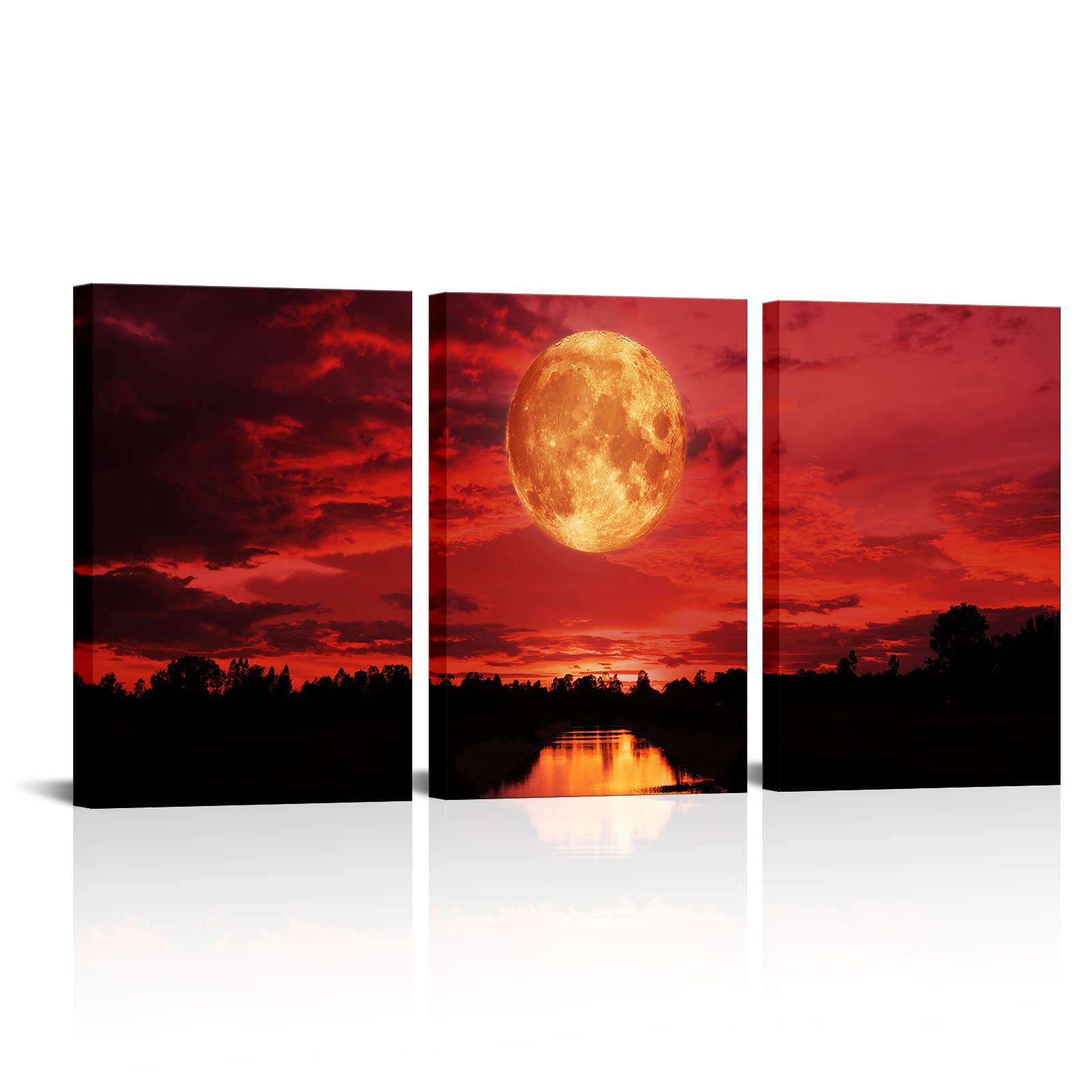 FuShvre Red Moon Wall Art 3 Piece Blood Full Moon Canvas Print Artwork Night Landscape Painting Poster for Bathroom Bedroom Ready to Hang Office Home Decorations 16"x24"