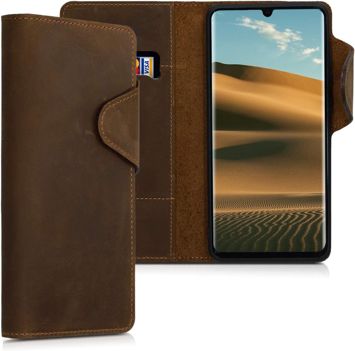kalibri Case Compatible with Huawei P30 Pro - Case Real Leather Protective Wallet Cover with Card Slot - Brown