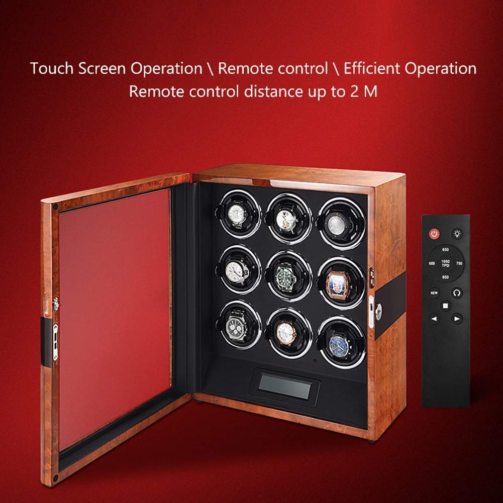 Caja de Madera para enrollar Relojes automáticamente, con Pantalla táctil LED y Almohadillas Ajustables para Relojes, Control Remoto, Motor silencioso y 3 Compartimentos ，B
