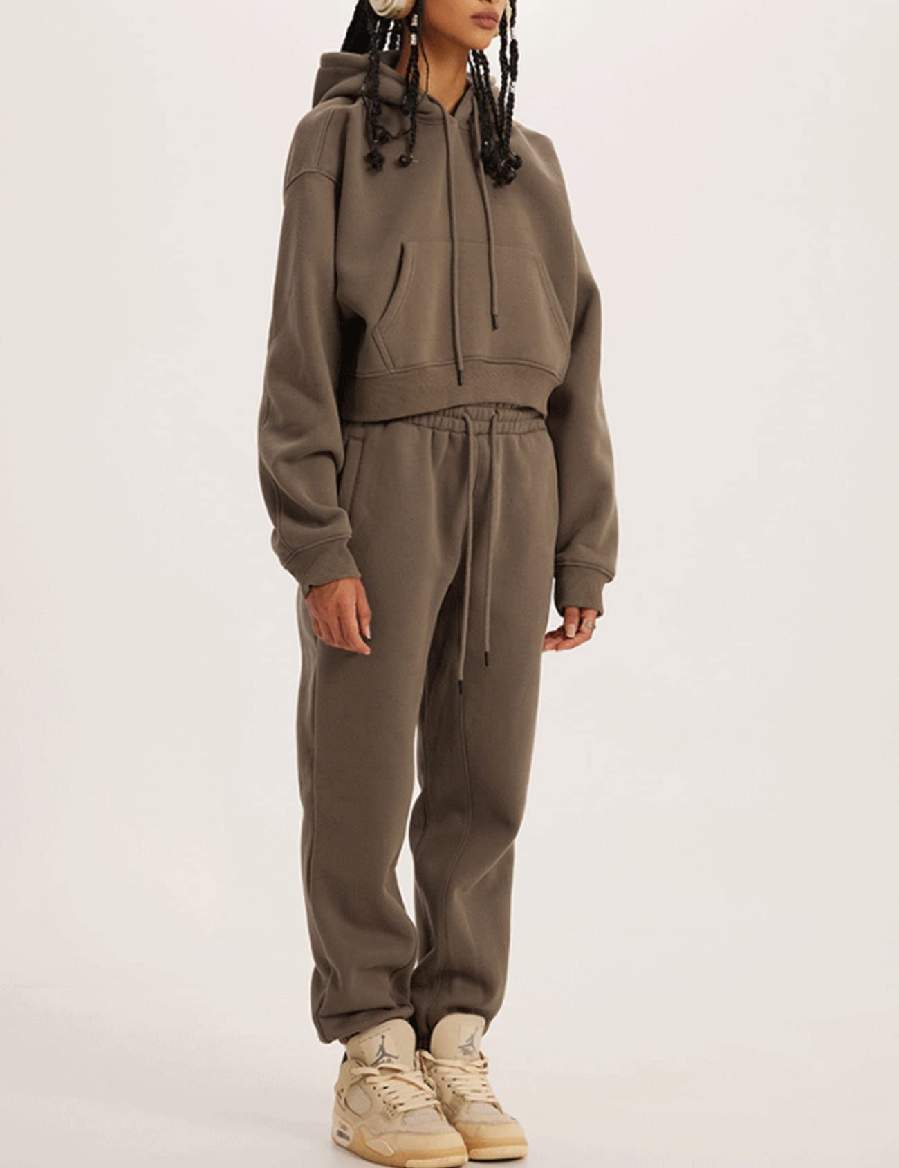 Damskie 2-częściowe stroje bluzy z kapturem krótki pulower i spodnie joggery polar dres zestaw dresowy, Kawa, L