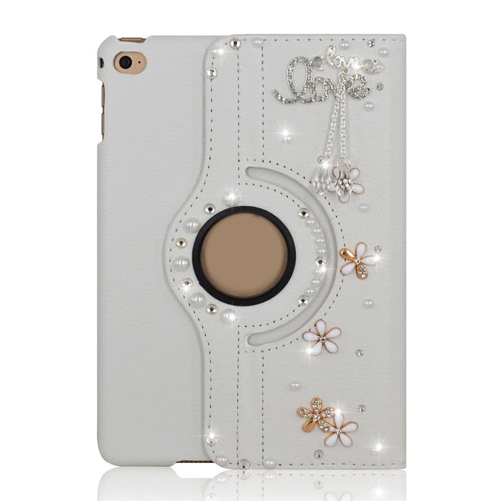 STENES Bling Case Compatible with Samsung Galaxy Tab A 10.1 2019 - Stylish - 3D Handmade Crystal Flowers Pendant Floral 360 Degree Rotating Stand Case with Smart Cover Auto Sleep/Wake - White