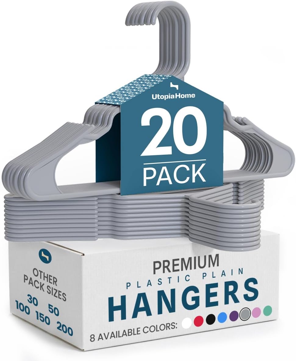 Utopia Home 20 Pack Plastic Hangers Space Saving, Durable Hanger with Shoulder Grooves, Grey