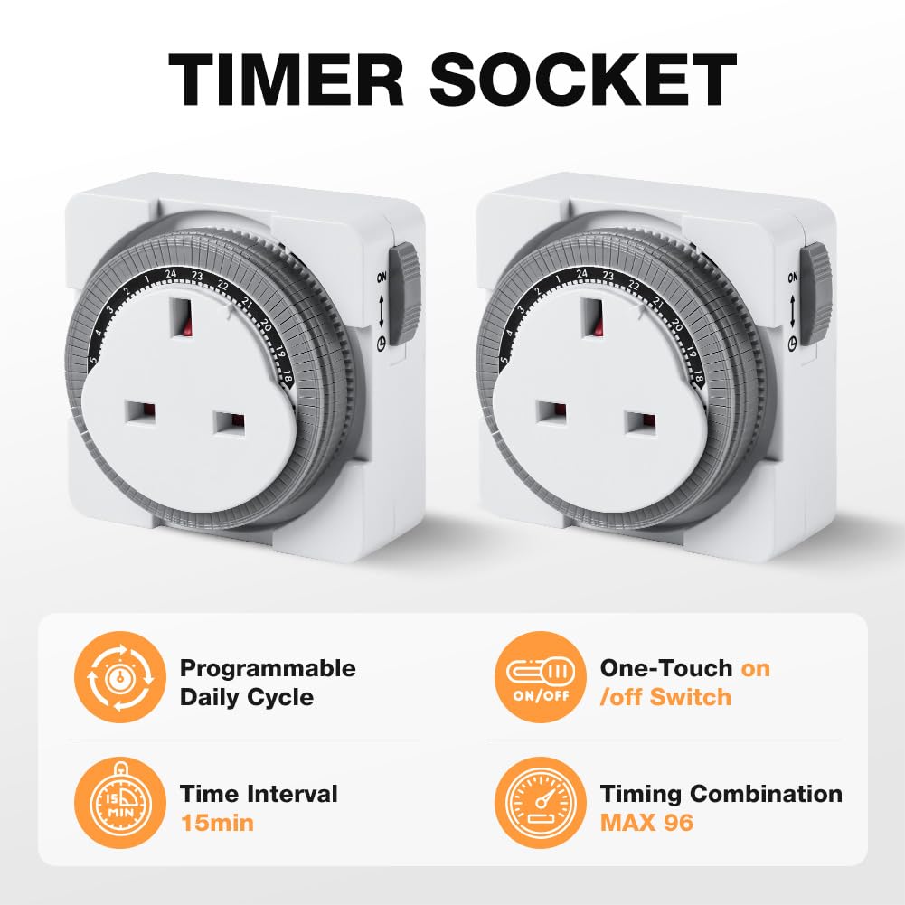 Adiwo Mechanical Timer Socket, 2 Pack 24 Hour Programmable Timer Switch, Enhanced Contact Protection Circuit for UK Plug-in - Image 3