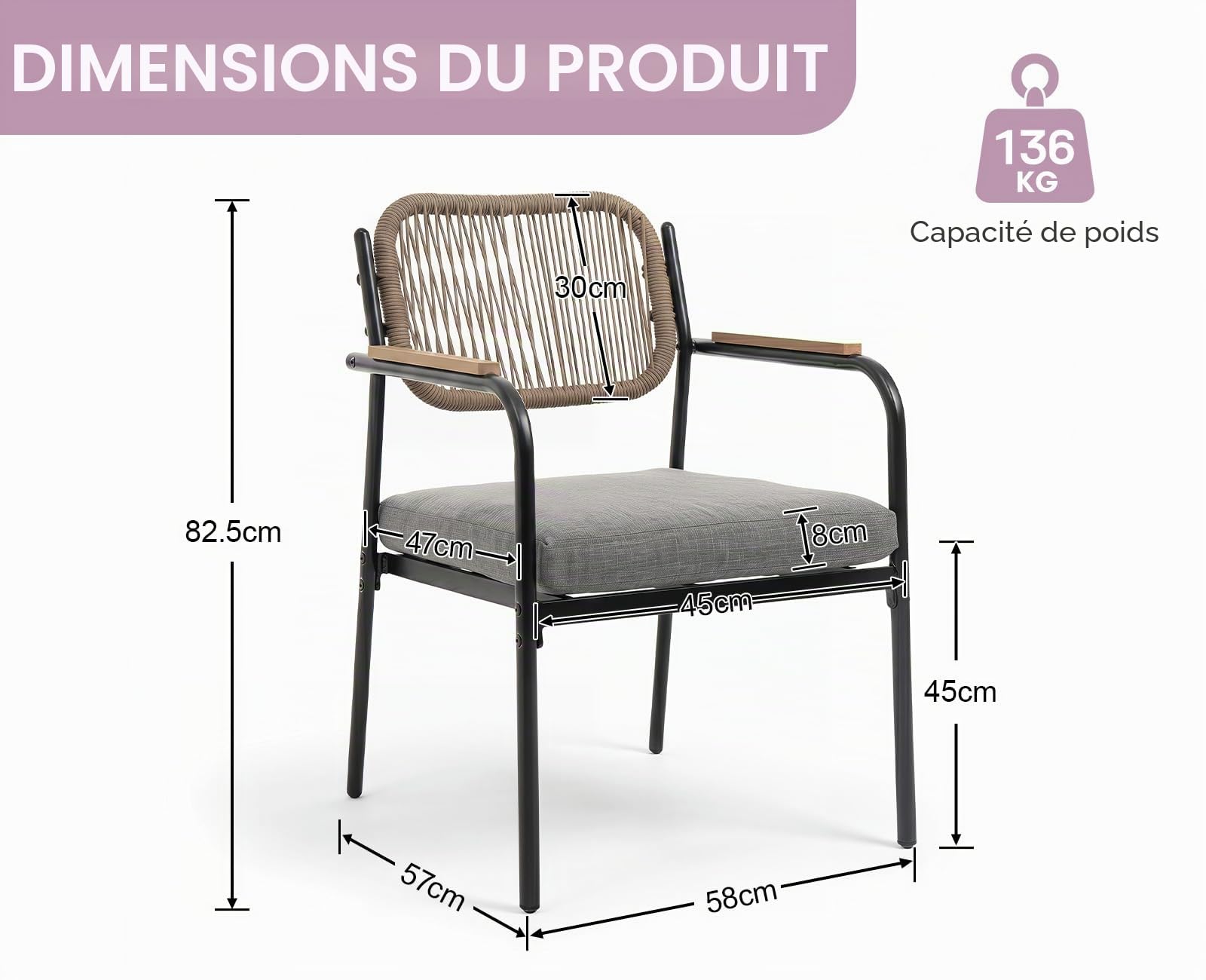 Ya-Home Chaise Jardin Exterieur, 2PCS Fauteuils Jardin, Corde Tressée, Gris