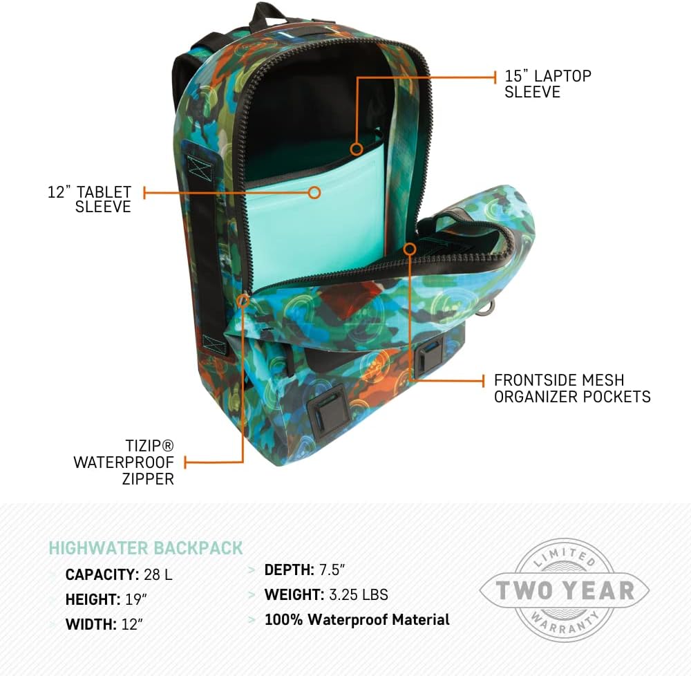 BOTE Highwater Backpack Waterproof Outdoor Zipper Dry Bag 28 Liter Capacity Molle Straps Fully Submersible Watersports Kayaking Fishing Hunting Boating