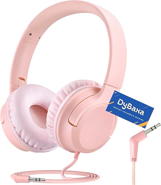 Kids Headphones Wired, Foldable Adjustable Over Ear Headphones, Volume Limiter 94dB, 3.5MM Jack Compatible PC Kindle Smartphones Tablet, Pink Headphones for School Travel Children Girls Boys Adults