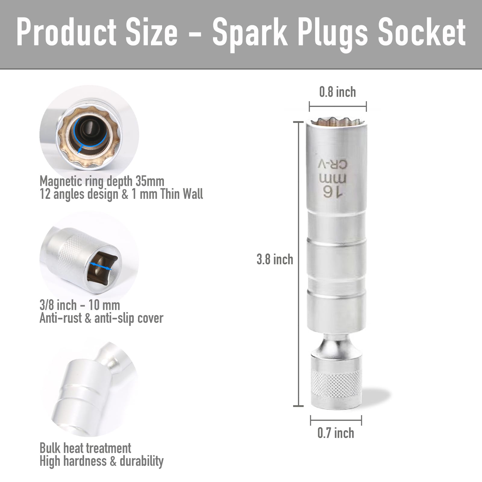 KOSHA Magnetic Spark Plug Socket Set for Installing and Removing Spark Plugs (16mm/ Short)
