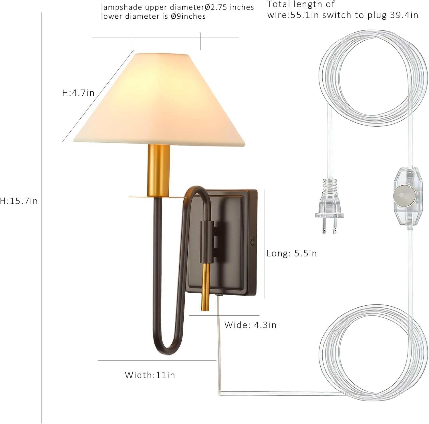 Plug in Wall Lamp,Plug-in or Hardwired Installation Wall Sconce with Beige Fabric Shade for Wall Painting,Modern Living Room, Bedroom, Hallway,Led Bulbs Included-(Black)