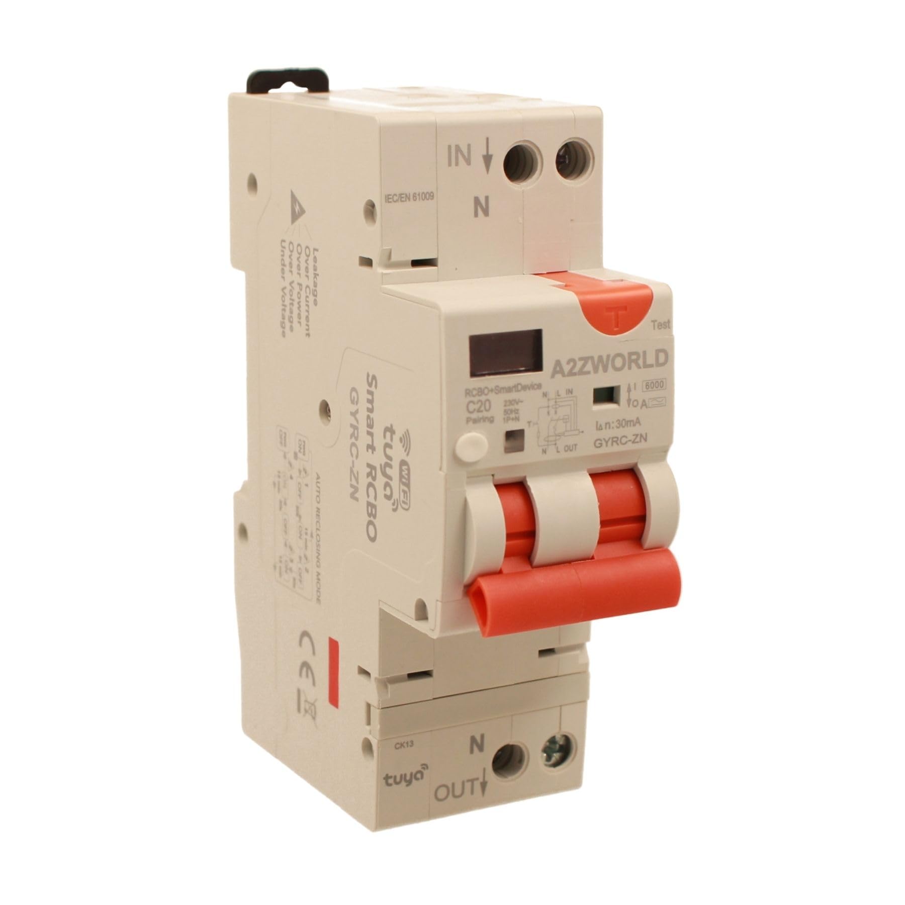 Interrupteur différentiel magnétothermique WiFi avec réarmement automatique et affichage, type A courbe C 30mA 220V, courant nominal réglable 1-20A, 2 modules DIN, application Tuya Smart Life