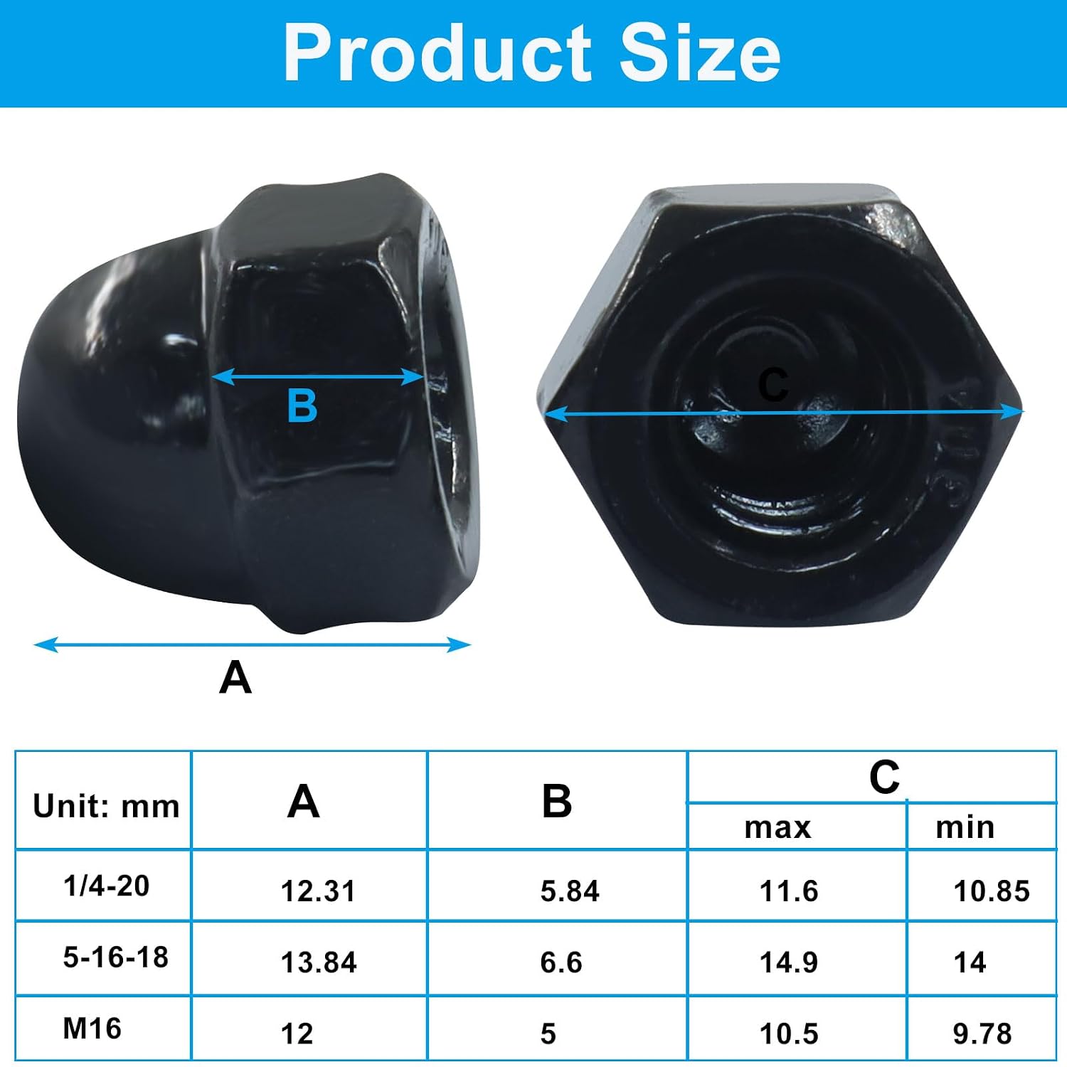 1/4"-20 Stainless Steel Acorn Cap Nuts, Black, 20pcs