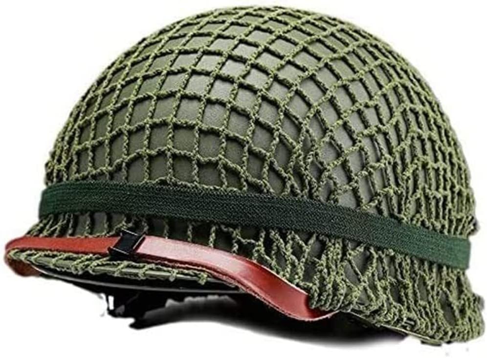 WW2 M1 Steel Helmet Replica, US Military Simulation Helmet with Net Cover for Halloween CS Role Play Outdoor Game Country Green, Large Size 56-62cm