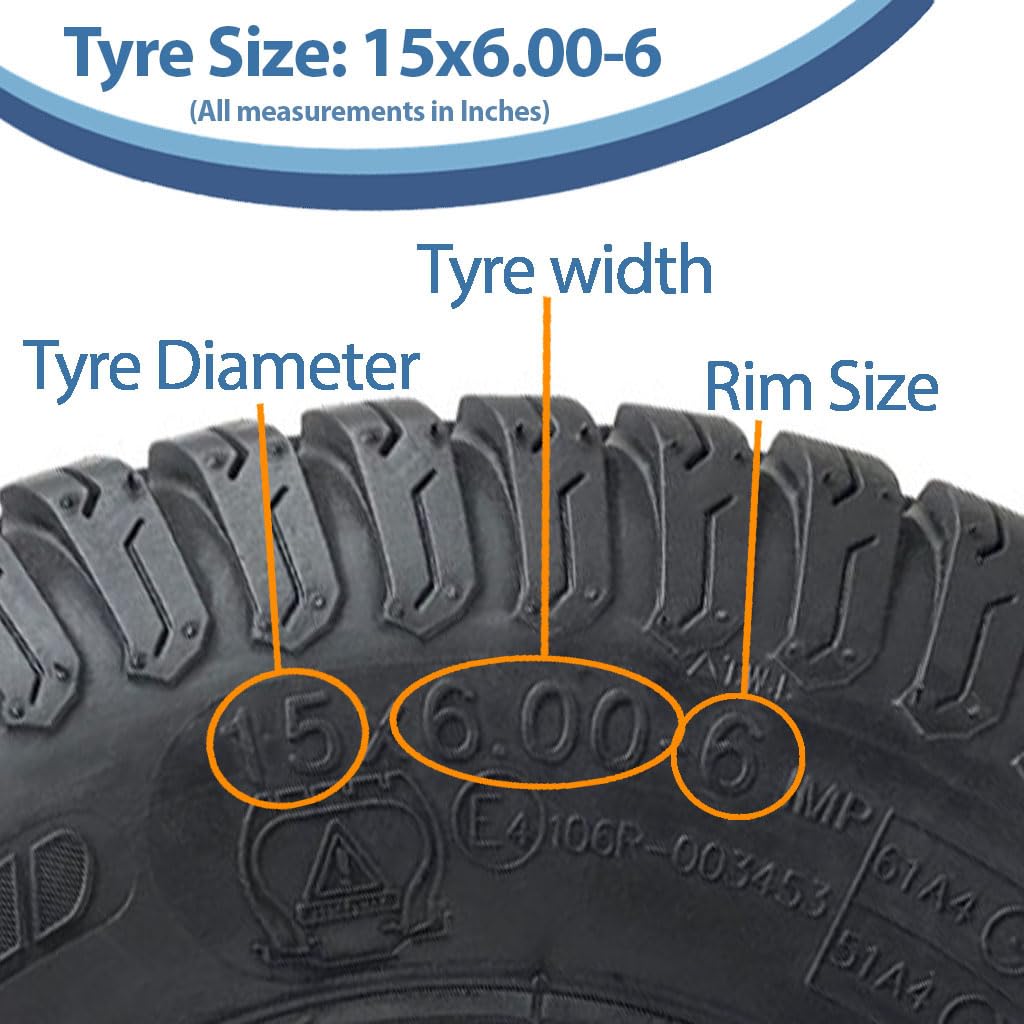 Rueda para cortacésped de 15 x 6.00-6, cubo de 65 mm, neumático P332 de 4 capas en llanta de 20 mm