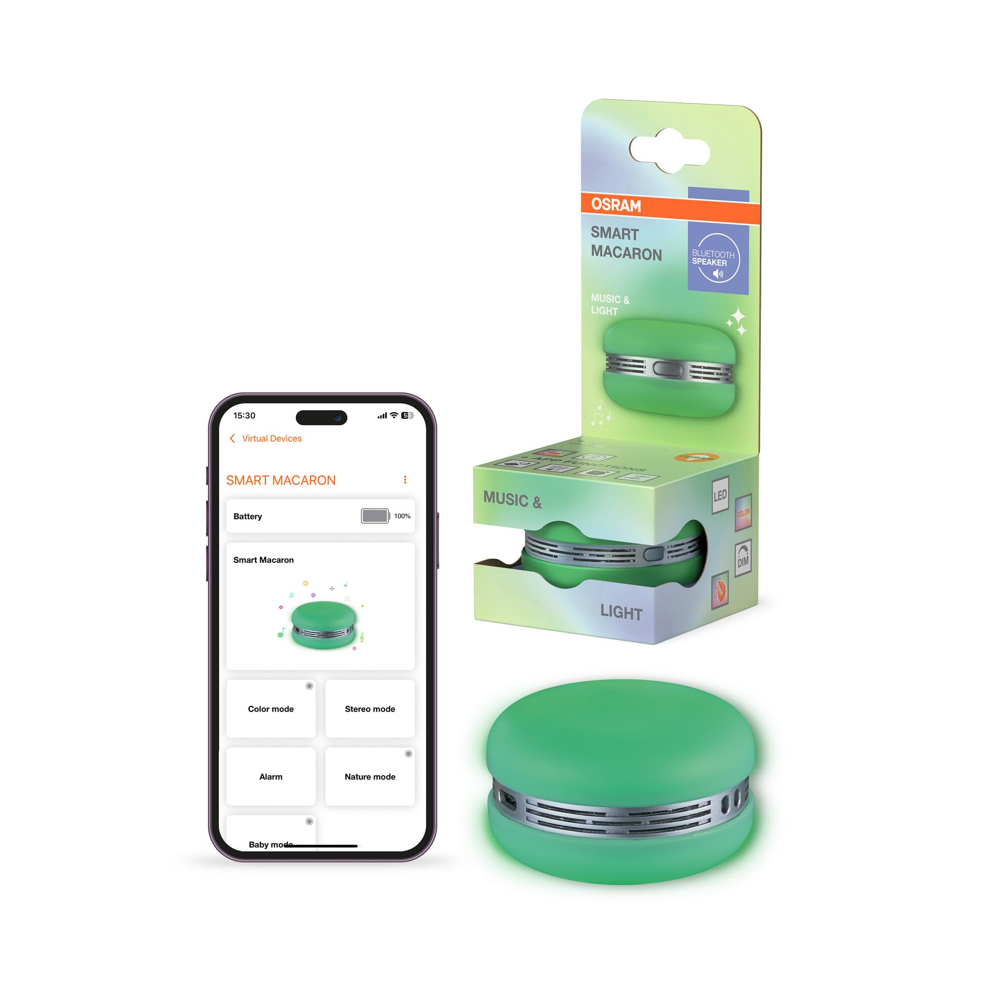 Osram Smart Macaron, Bluetooth-Lautsprecher mit Dreh-Farblicht, Musik-Sync & App-Timer – 3 Modi, Stereo-Pairing, Grün
