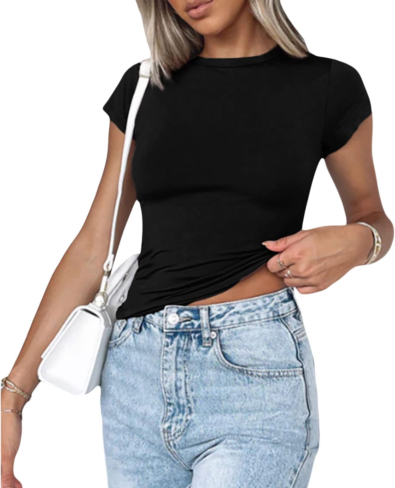 Y2k Sexy Short Sleeve Crop Top Women Basic Solid Slim Fit Shirt Fitted Going Out Crewneck Tees Dupes Clothing