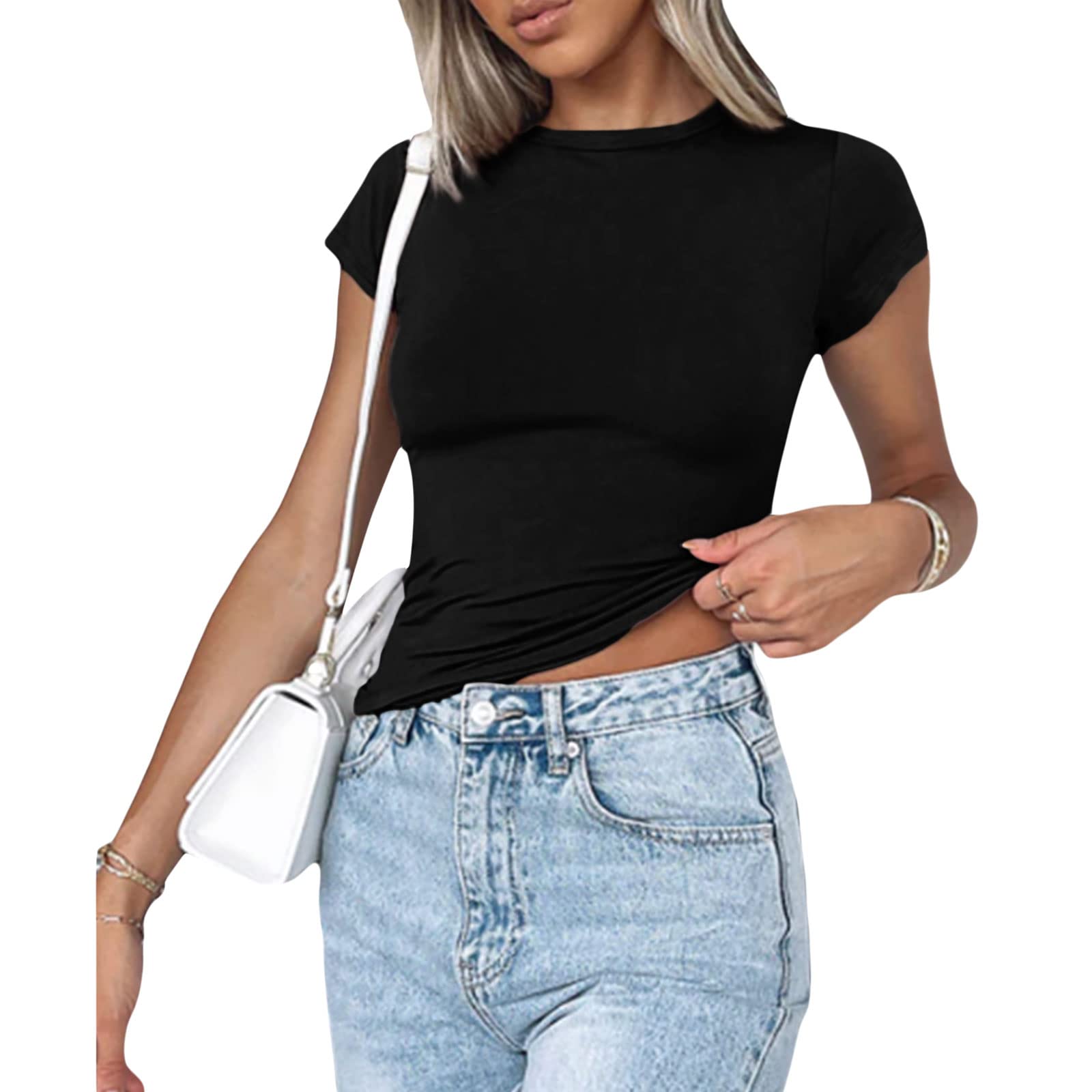 CbsdezanosY2k Sexy Short Sleeve Crop Top Women Basic Solid Slim Fit Shirt Fitted Going Out Crewneck Tees Dupes Clothing