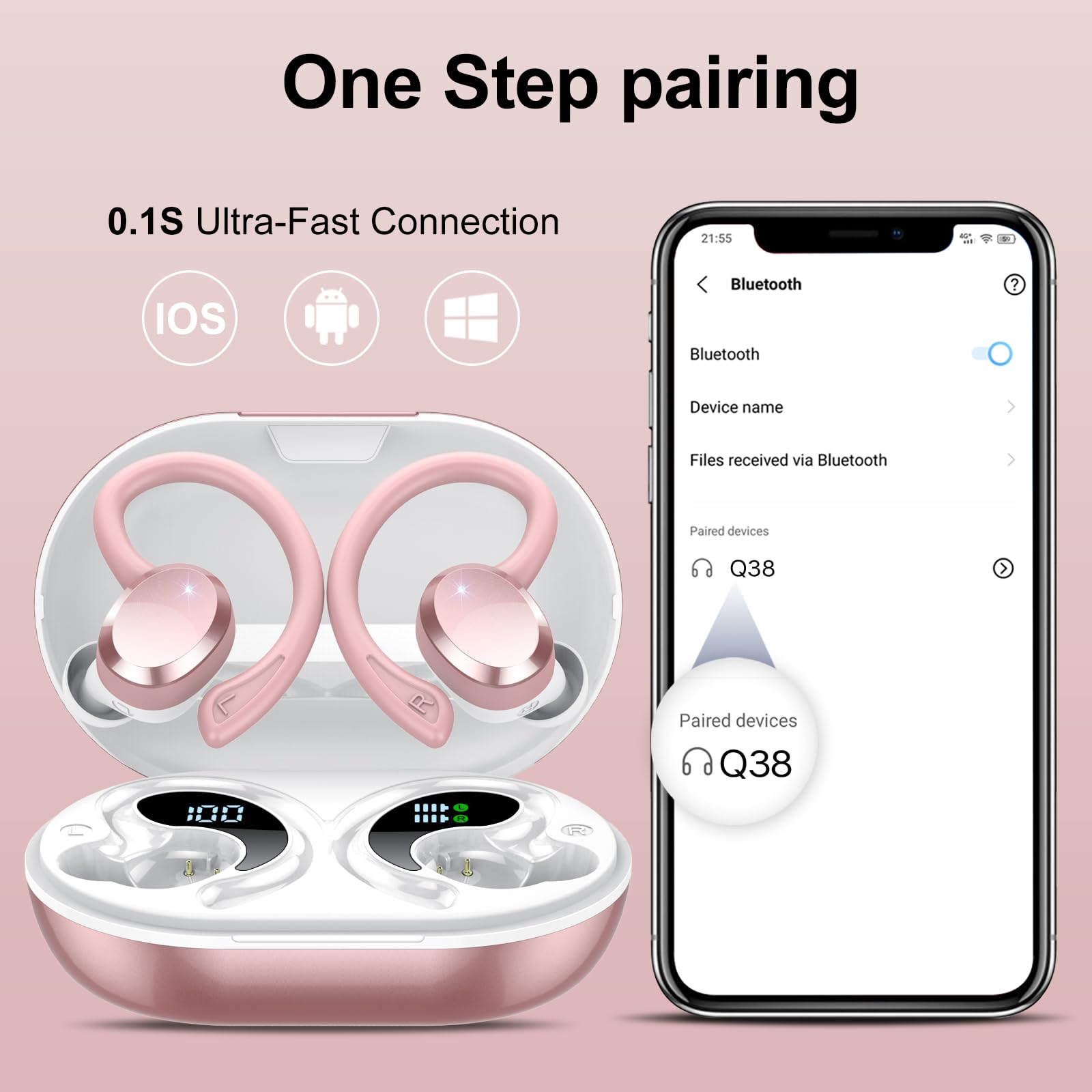 Ecouteurs Bluetooth sans Fil Sport, Headphones 5.4 HiFi Stéréo, Ecouteurs sans Fil avec ENC Mic, 54H Ecouteur Pour Courir, IP7 Étanche Écouteur, Oreillette Sans Fil, Casque Écran LED pour ios/Android