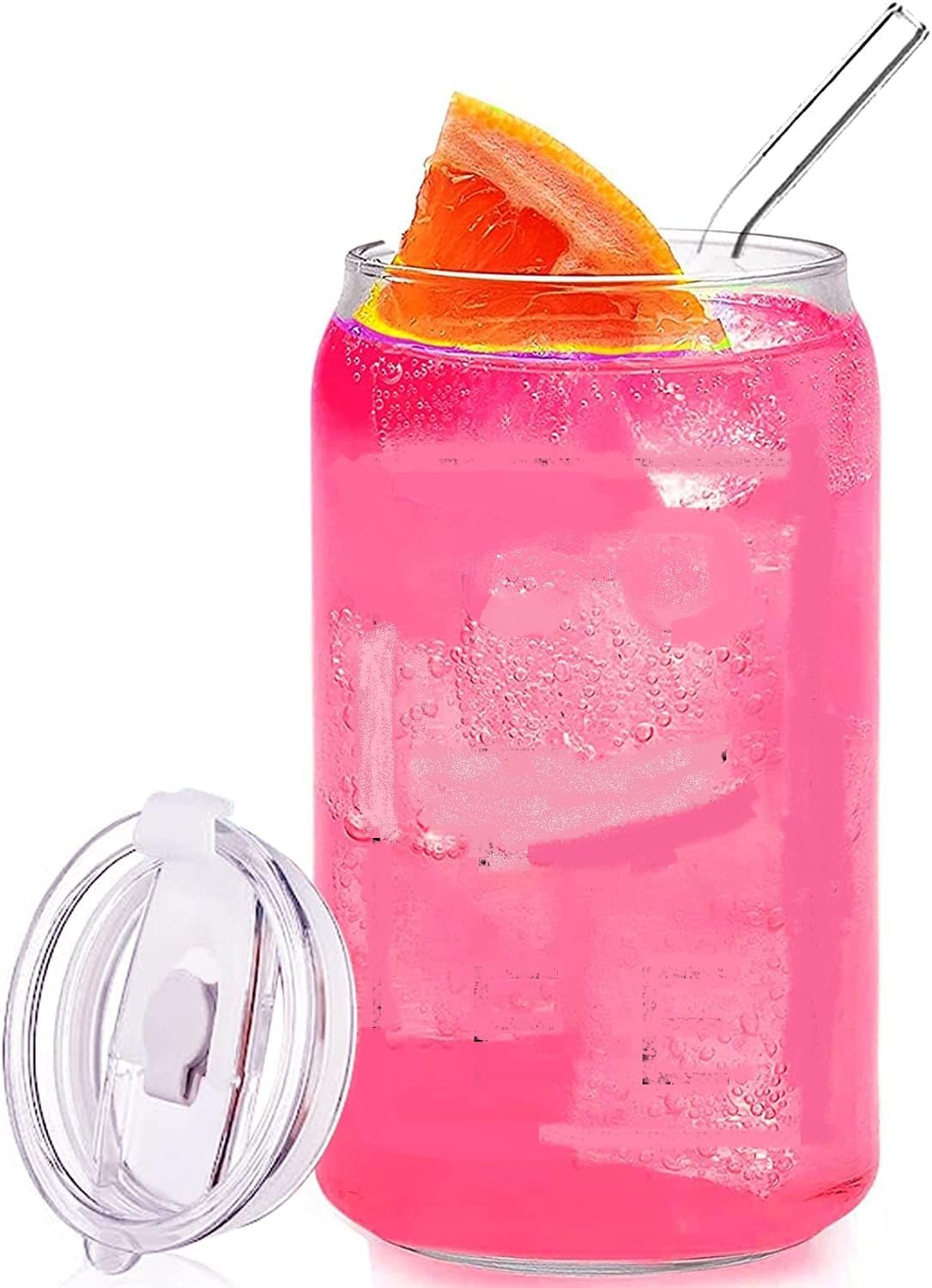 KELVEE Drinking Beer Glasses with Lids and Glass Straw 1pcs Set - 400ml Can Shaped Glass Cups, Iced Coffee Glasses, Cute Tumbler Cup, Ideal for Cocktail, Smoothies