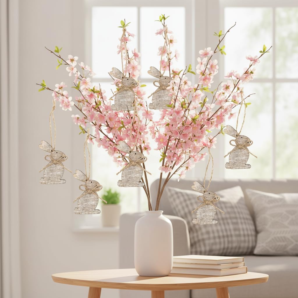 RockParty 8pc Natural Wood & Twine Bunny Easter Hanging Decorations (80mm)