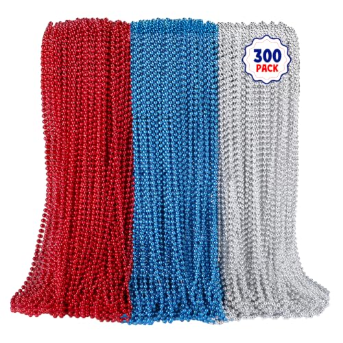 skaqwuan 300PCS 4th of July Accessories Patriotic Bead Necklaces 33inch Red Blue Silver Necklaces Bulk 4th of July Decorations for Parade Party Favors Veterans Day