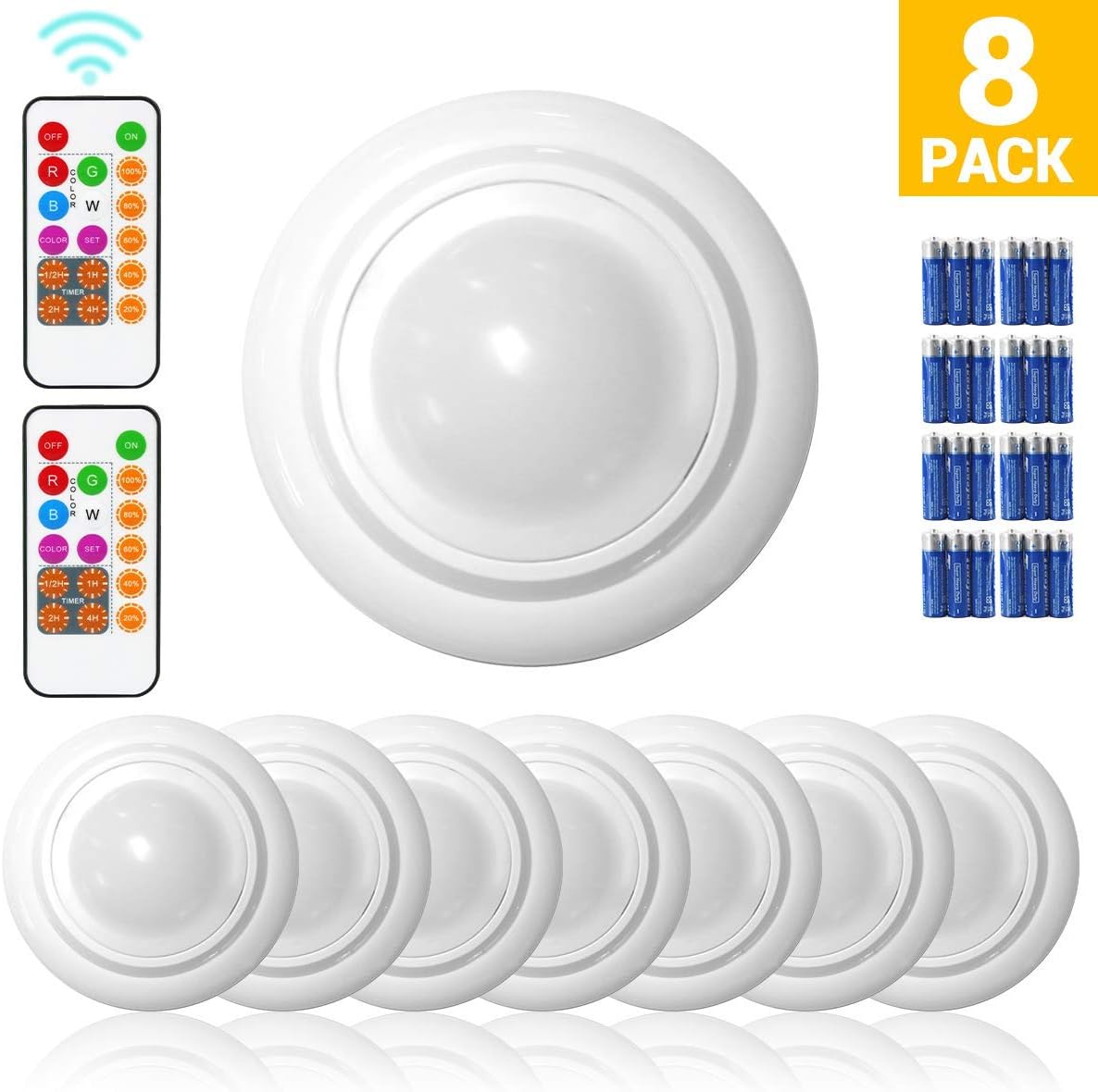 Wireless LED Closet Lights, RGB Color Changing Puck Light, Battery Operated Under Cabinet Light with Remote Control, Touch Sensor LED Night Light, 8PK