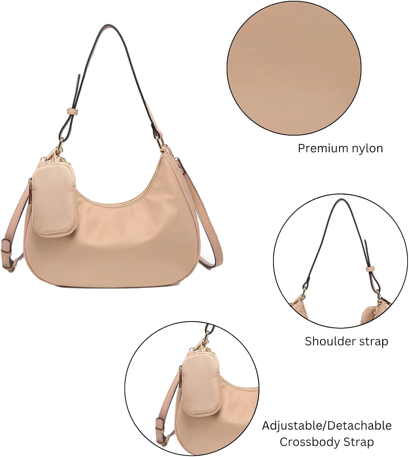 Jada Shoulder Bag for Women Nylon Crossbody Purse Ladies Hobo Handbag with Removable Coin Pouch