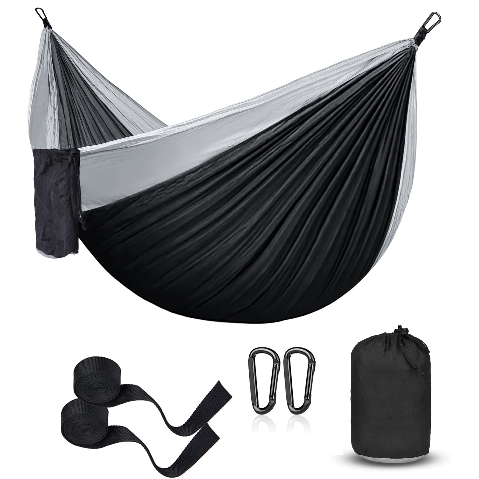 Hamaca para campamento, hamacas portátiles individuales/dobles para senderismo al aire libre, viajes, mochilero, hamaca de nailon 210D para patio trasero y jardín (negro/gris) 9
