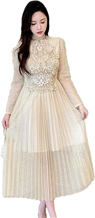 Womens Design Lace Patchwork Dresses Gentle Elegant Embroidered Hollow Out A-Line Long Dress