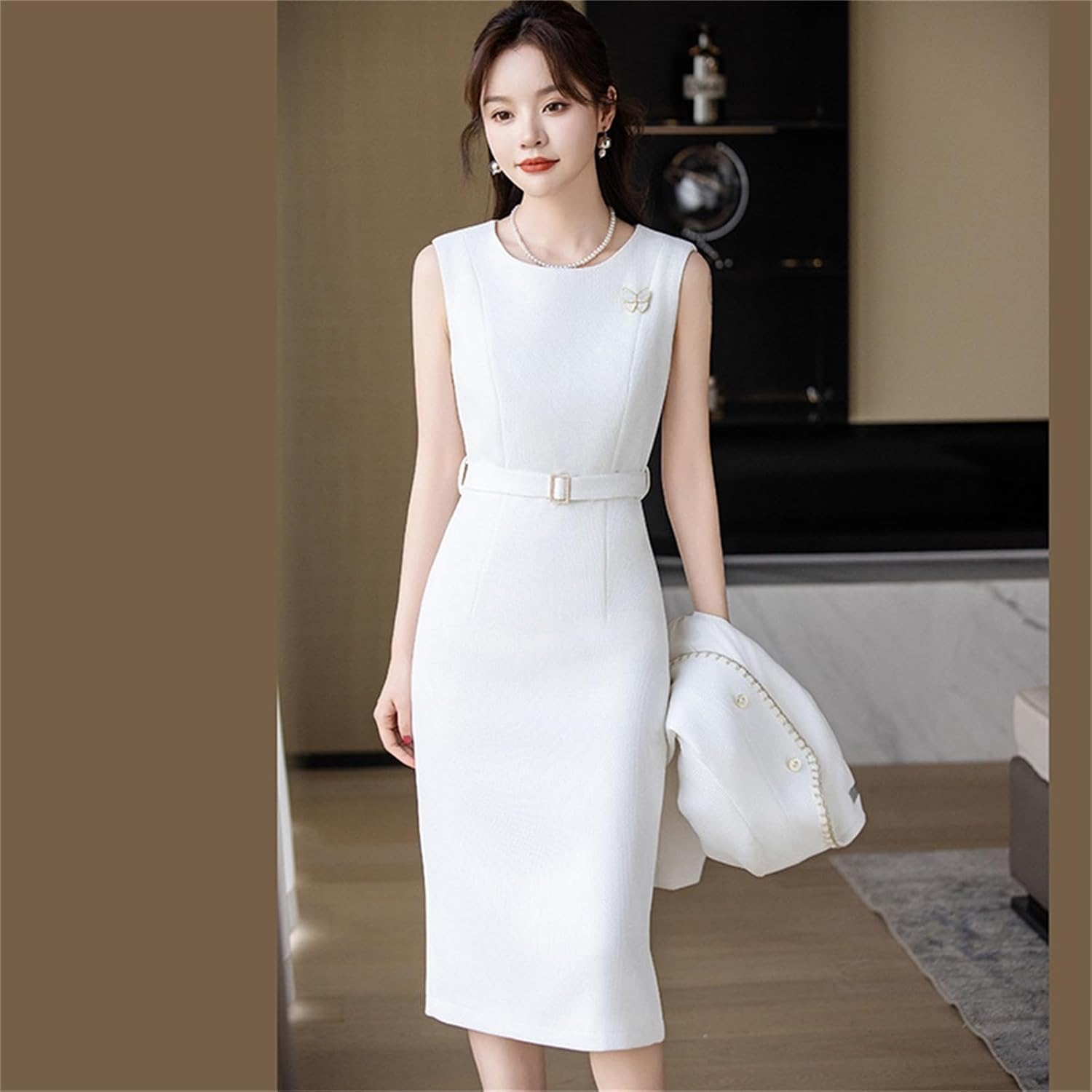 Women's Two Piece Business Outfit Sleeveless Sheath Dress with Long Sleeve Blazer Office Work Suit Set