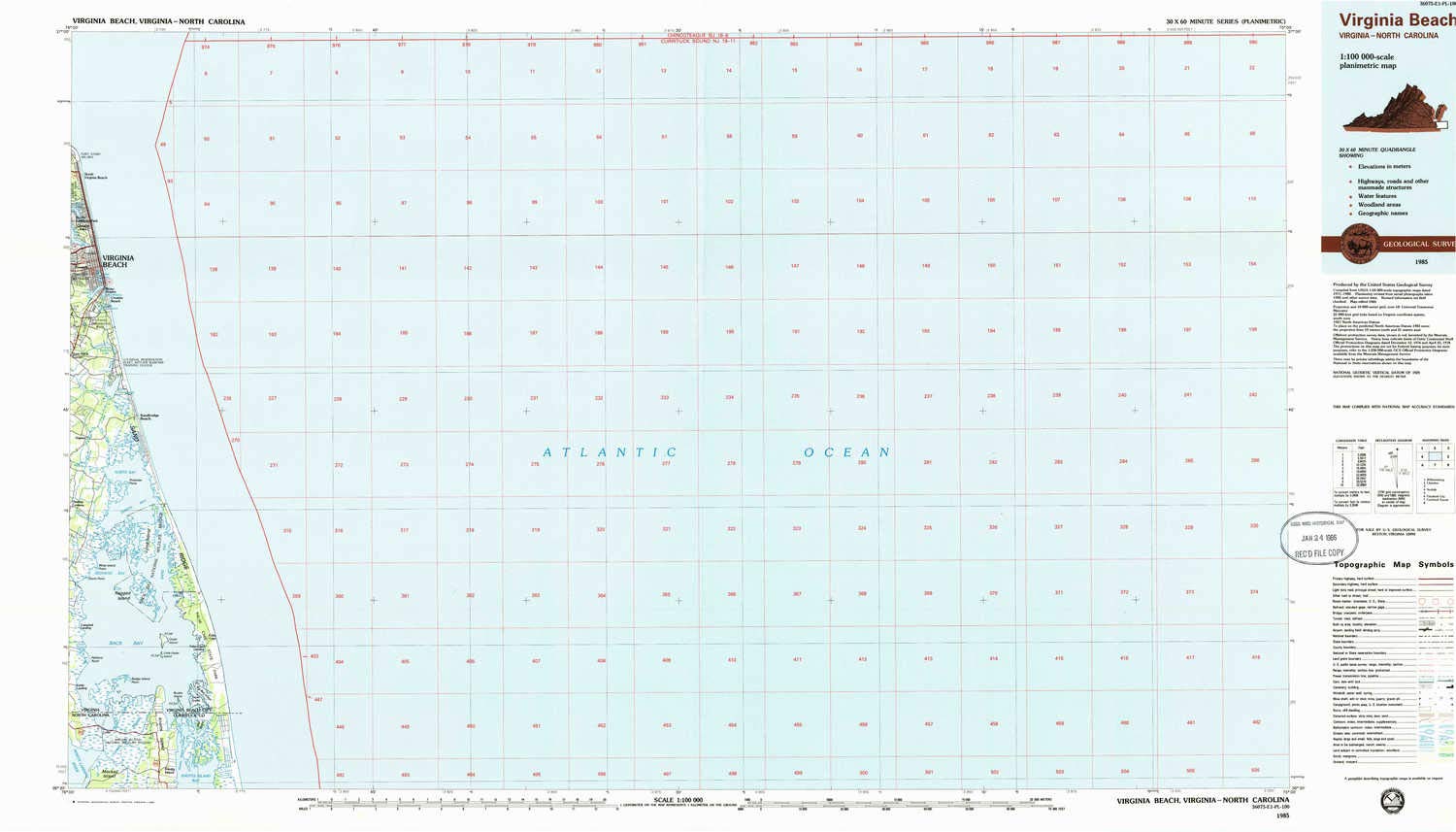 YellowMaps Virginia Beach VA topo map, 1:100000 Scale, 30 X 60 Minute, Historical, 1985, Updated 1985, 24 x 42.1 in - Polypropylene