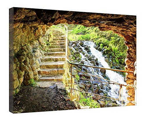 Lienzo de cascada y cueva con relieve sobre madera listo para colgar