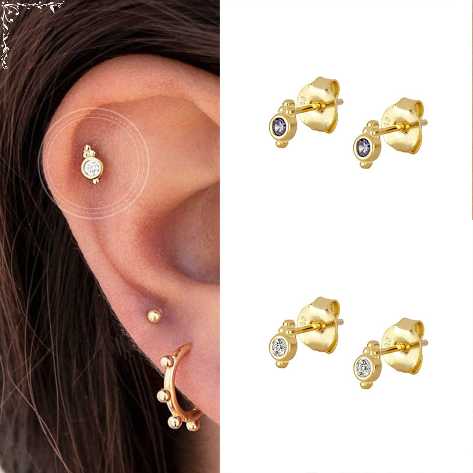 Gold Ohrringe Set Ohrstecker für Damen, Winzige Ohrstecker Silber 925 für Brautjungfer Ohrstecker für Damen mit Zirkonia