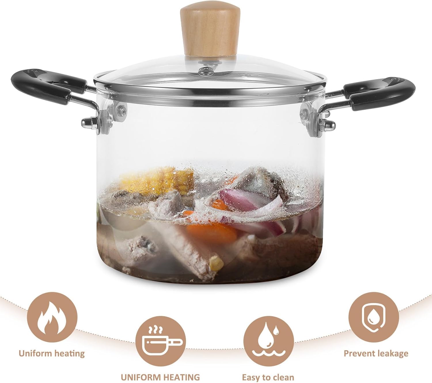 BESPORTBLE Glass Stockpot 1500ml Heat Resistant Borosilicate Cooking Pot with Lid and Black Handle, Multi-functional Stewing and Soup Pot for Household Kitchen Use