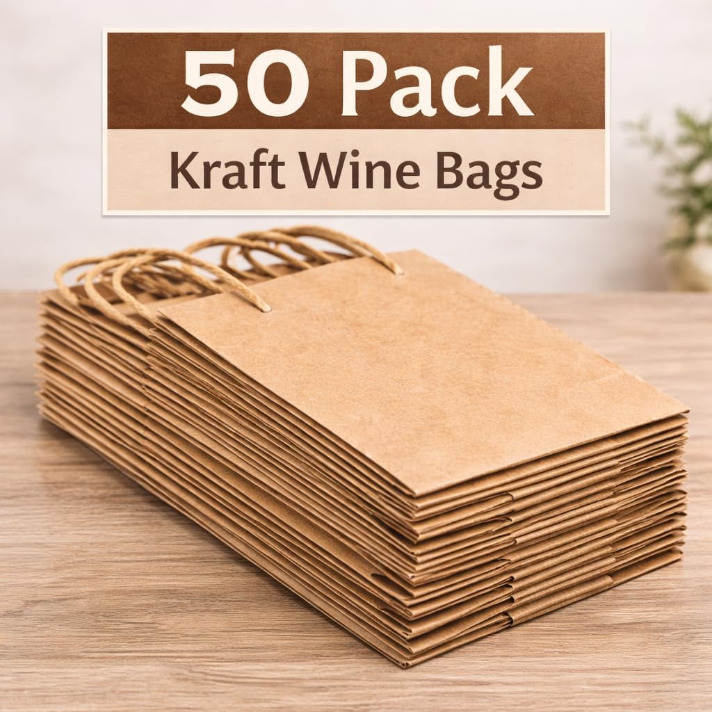 Kraft Wine Gift Bags with Handles – 50 Pack Brown Paper Wine Bottle Bags, 5.25" x 3.25" x 13" (Brown Kraft)