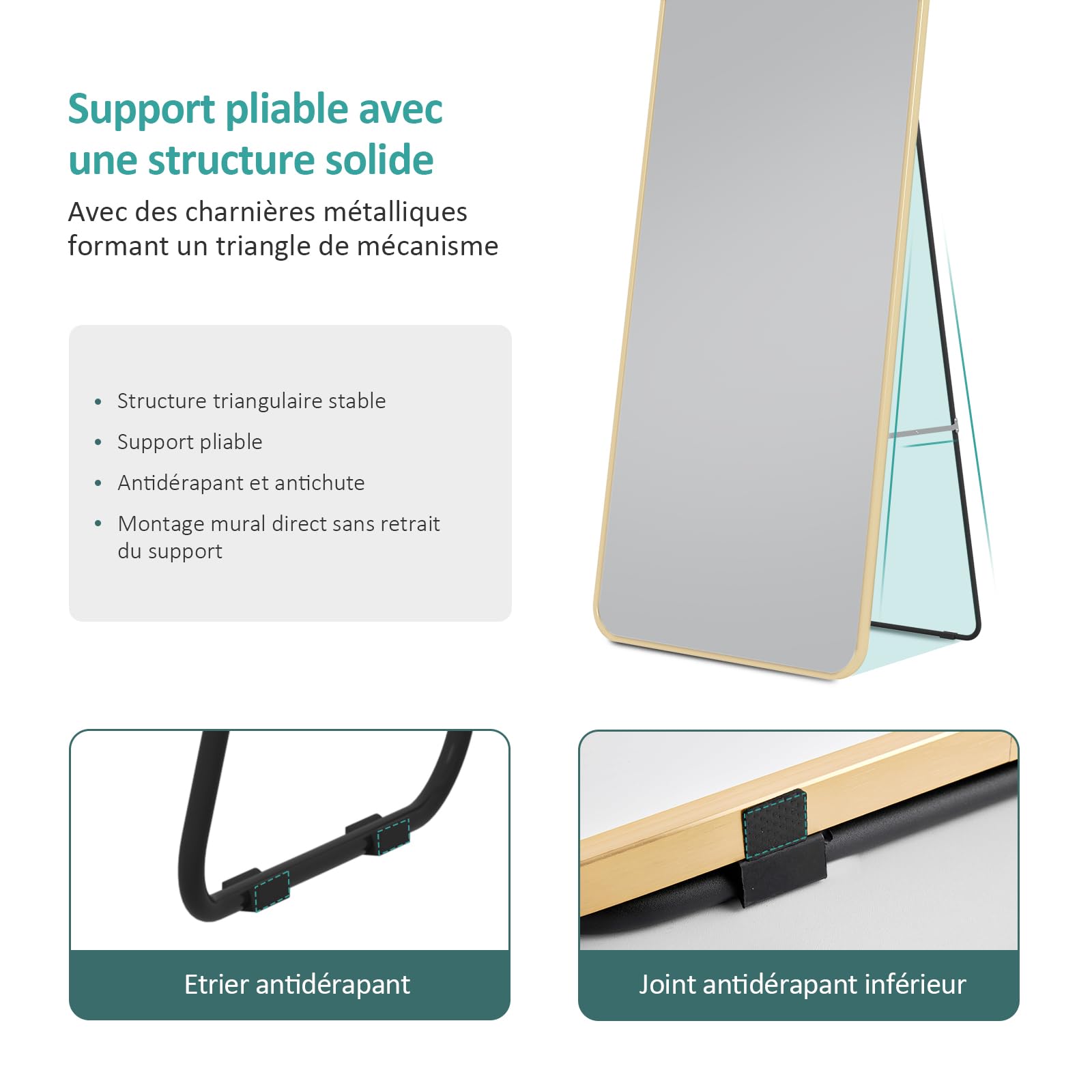 Miroir sur Pied 160 x 60 cm Cadre Aluminium Doré pour Salon Chambre