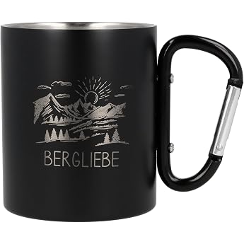 Spruchreif Stainless Steel Mug with Carabiner Hook Handle with Engraving "Bergliebe" in Matt Black | Gift for Camper Hikers M