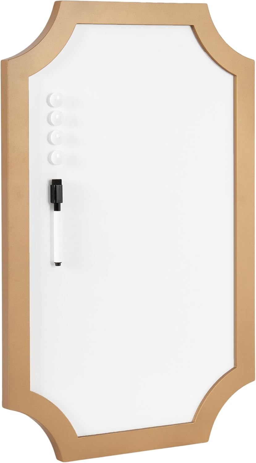 Kate and Laurel Holbrook Scalloped Magnetic Dry Erase Board with Marker and Four Magnets; 15 x 24; Gold; Decorative Wall Organization White Board for Use as Bedroom or Dorm Room Decor