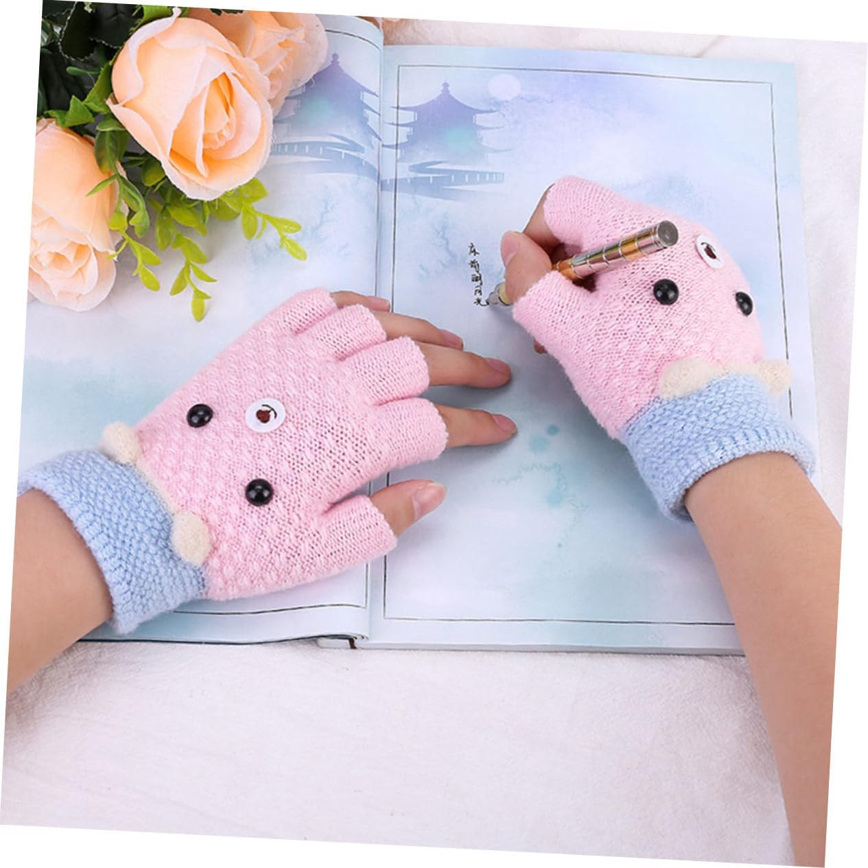 NOLITOY 4pairs Boy Girl Warm Half Finger Cartoon Gloves Cozy Fingerless Mittens for Boys and Girls for Winter Indoor Outdoor Use Random Color