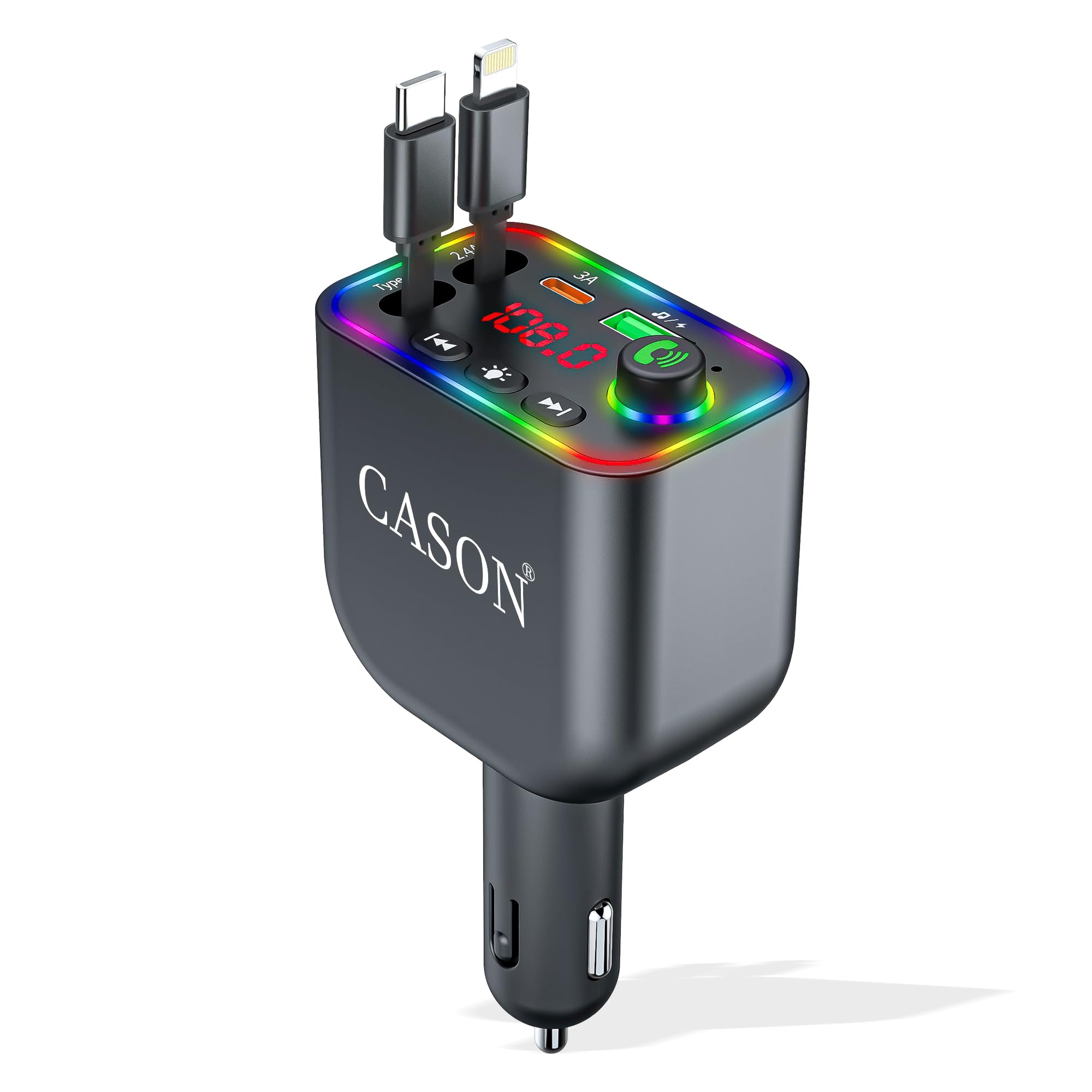 Cason Car Bluetooth FM Transmitter/Receiver, Radio Bluetooth Adapter for Car with 5V/3.1A Super Fast Retractable Charging Cable, LED Display, Hands-Free Calling Supports All Smartphones