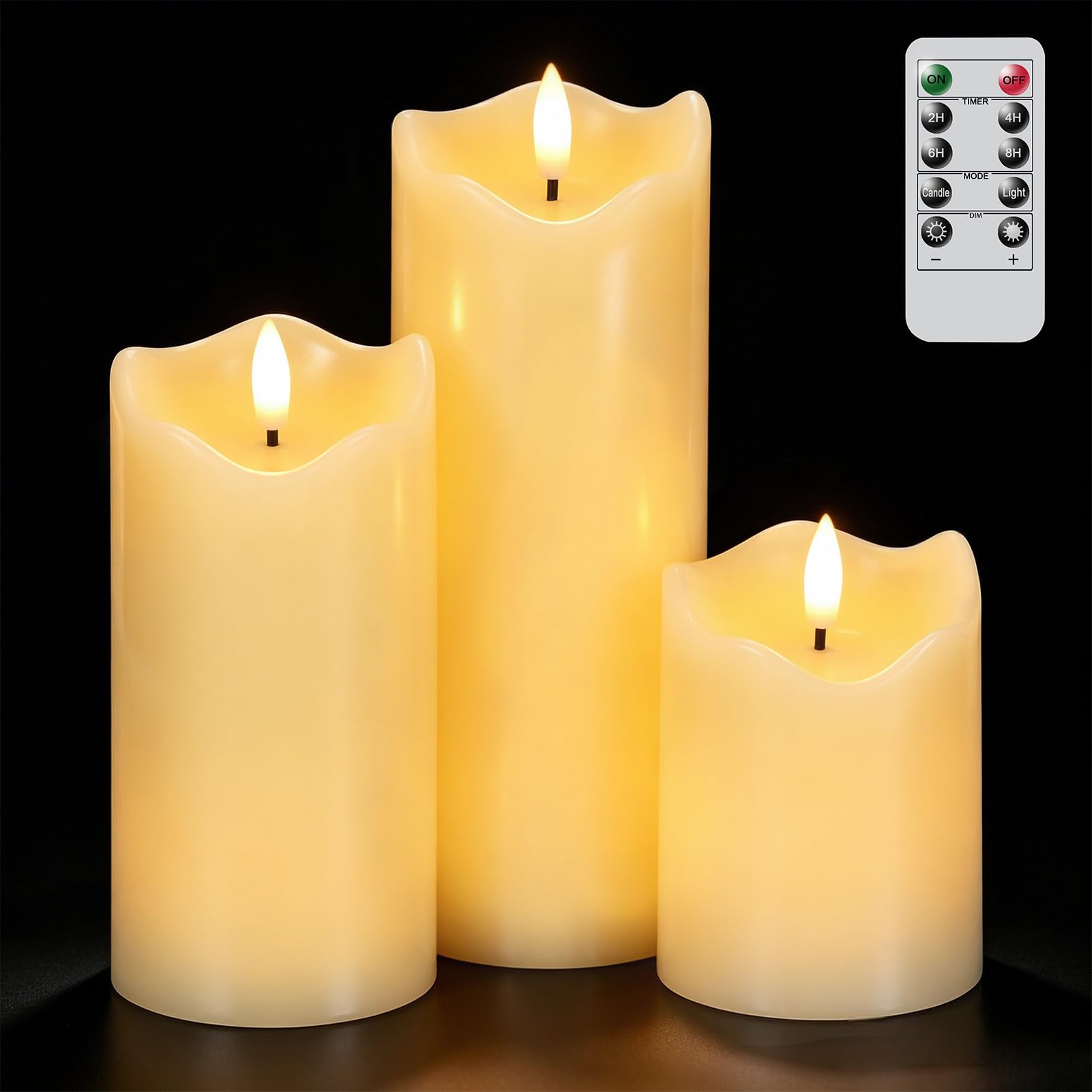 Eldnacele Candele cilindriche a pilastro senza fiamma a batteria, con telecomando a 10 tasti e timer, confezione da 3 candele a LED in vera cera, con stoppino tremolante, luce calda tremolante