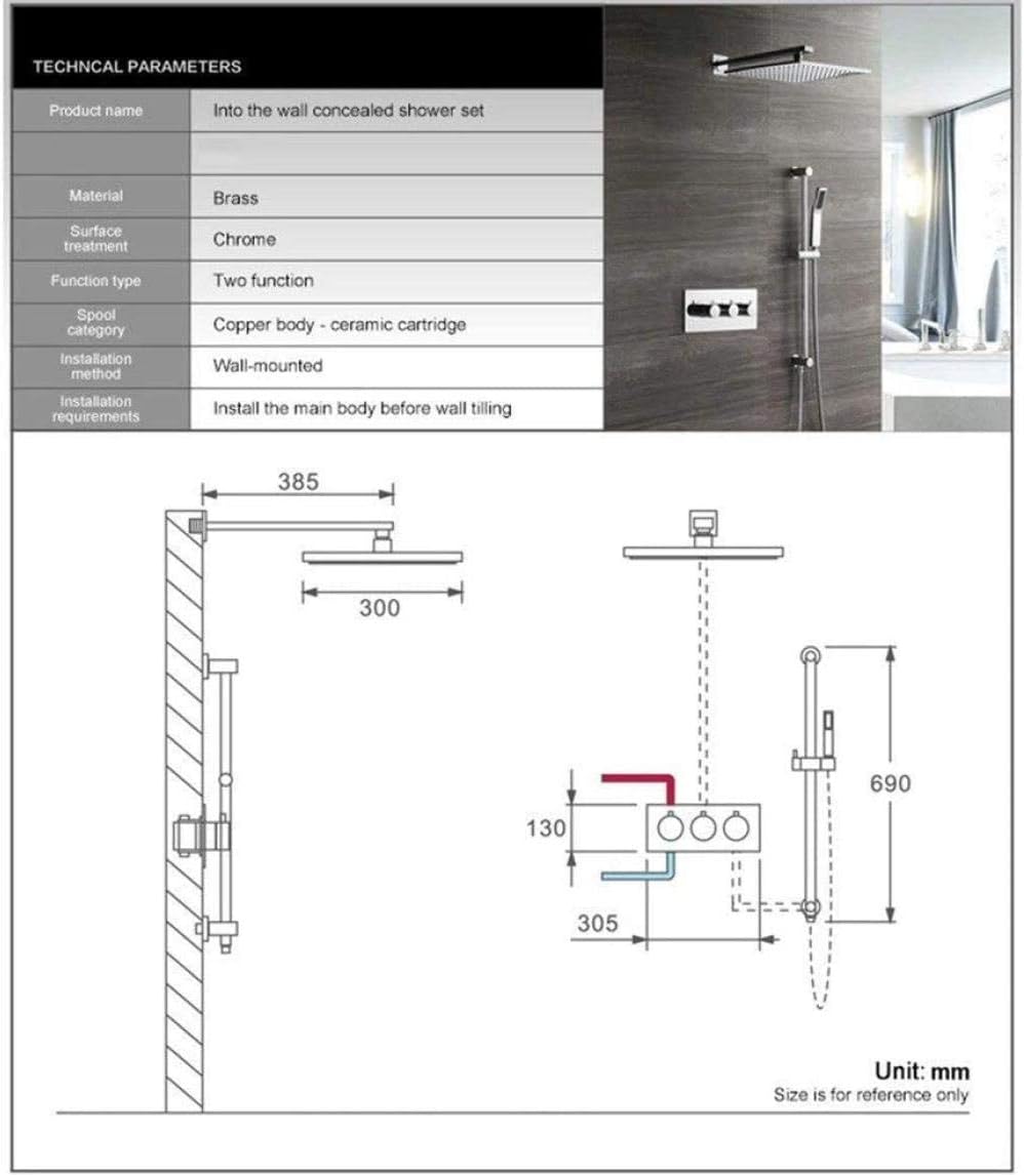 Shower Set in-Wall Concealed Thermostatic Shower Copper Shower Copper Lifting Rod 500 Canopy Square top Spray Beautiful Practical