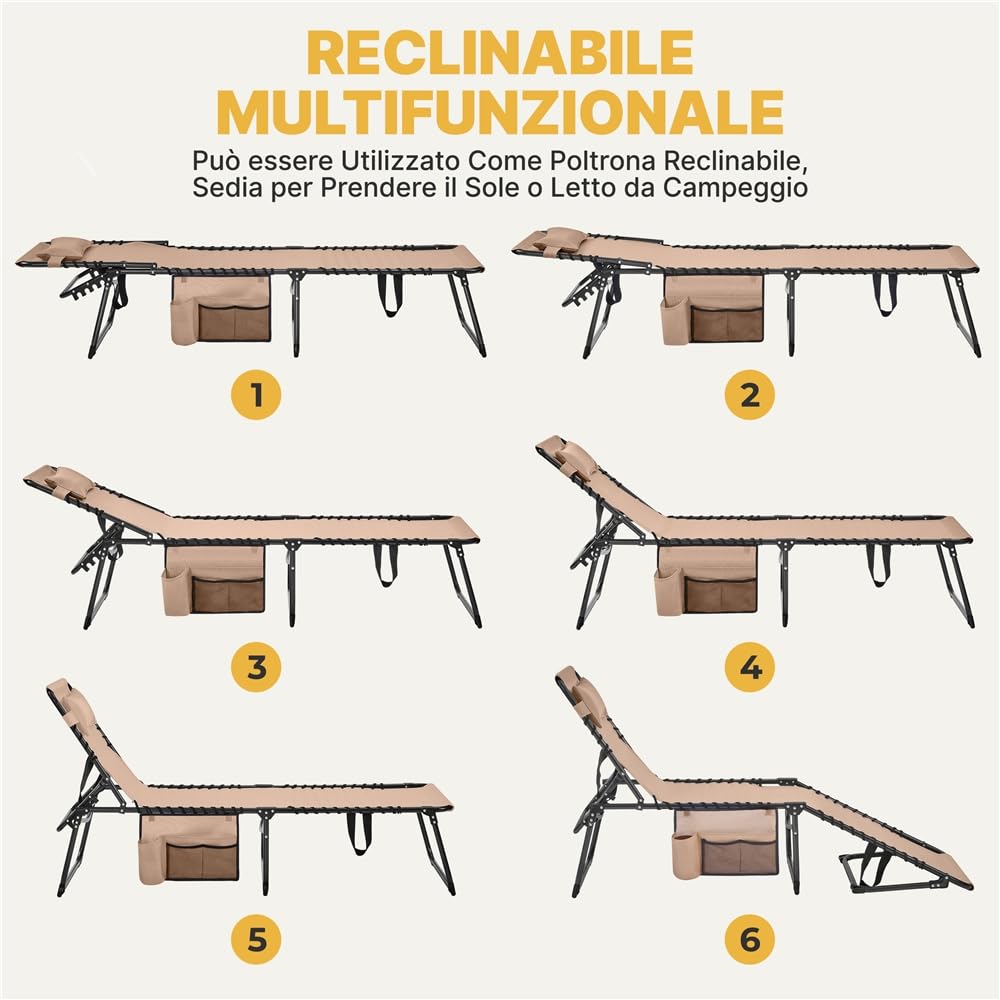 Yaheetech Lettino Sdraio Pieghevole Regolabile in 5 Posizioni per Esterno Giardino Spiaggia Campeggio con Poggiatesta e Tasca, 189 x 57 x 34 cm, Colore Beige