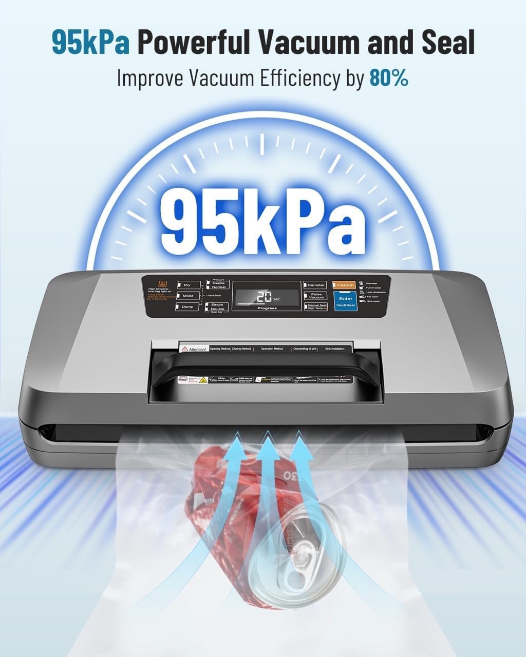 Vacuum sealer demonstrating 95kPa powerful vacuum and seal, with arrows indicating strong suction.
