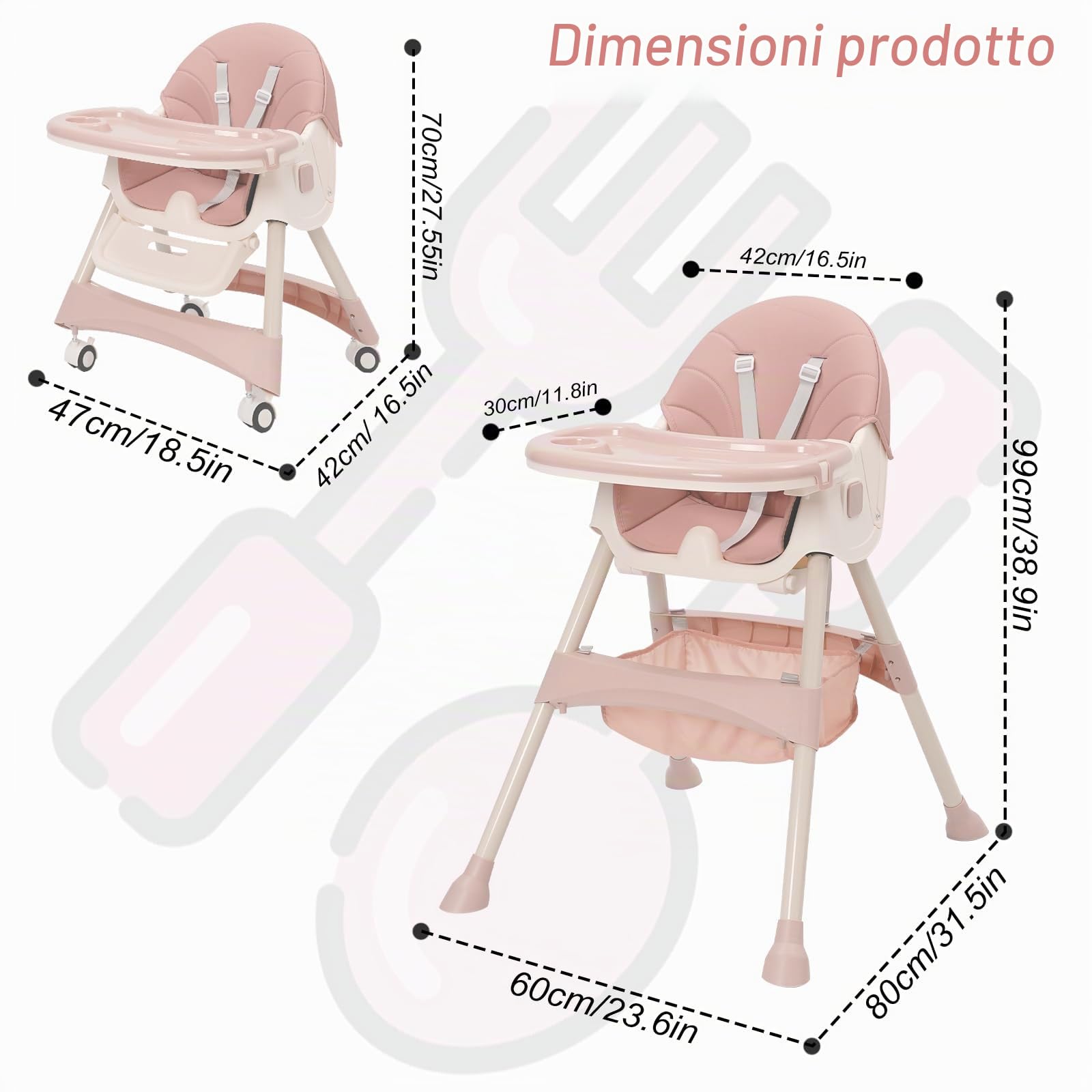 Seggiolone Pappa Evolutivo 3 in 1, Pieghevole, Sedia Reclinabile, con Altezza Regolabile e Poggiapiedi, Vassoio Rimovibile, 3 Schienale Regolabile e Cintura di Sicurezza a 5 Punti, da 6+ Mesi, Rosa