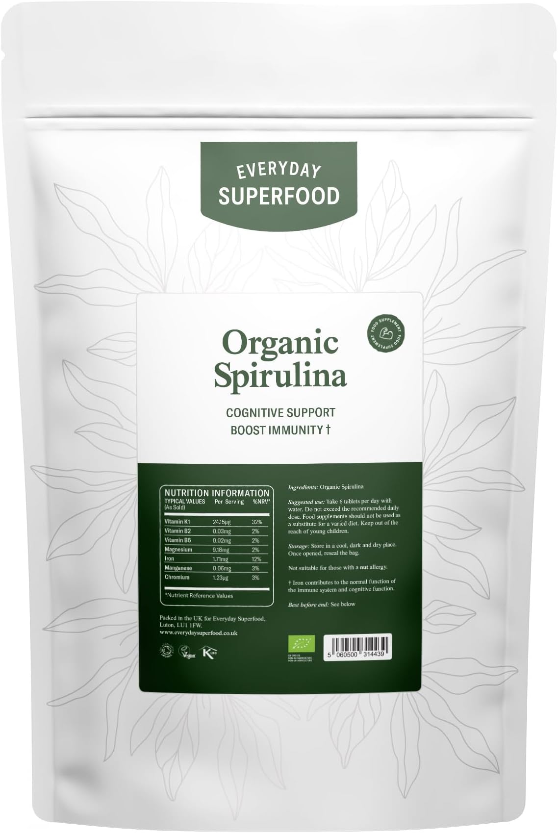 Organic Spirulina Tablets (60 Tablets) Raw Cold Pressed Spirulina Algae Certified Vegan & Kosher