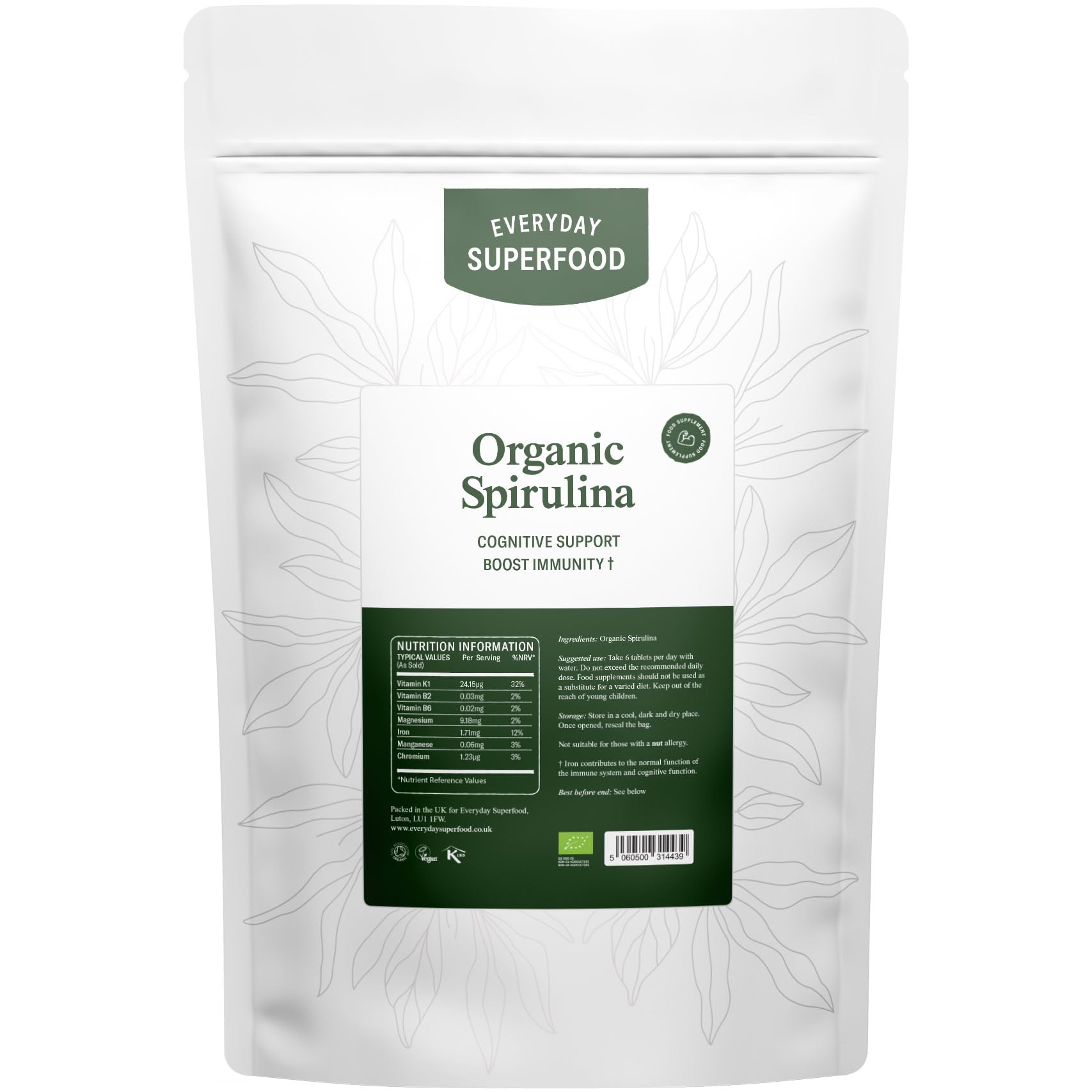 Organic Spirulina Tablets (60 Tablets) Raw Cold Pressed Spirulina Algae Certified Vegan & KosherEU Organic