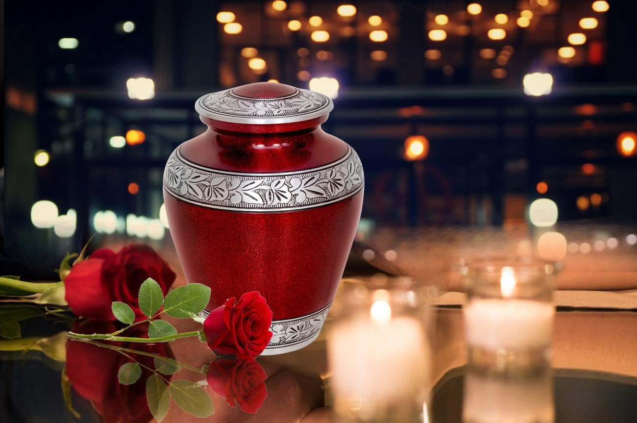Elite Crimson Cloud and Silver Cremation Urn - Large Crimson Funeral Urn with Free Bag - Handcrafted Adult Crimson Urn for Human Ashes - New ~ Good Deal