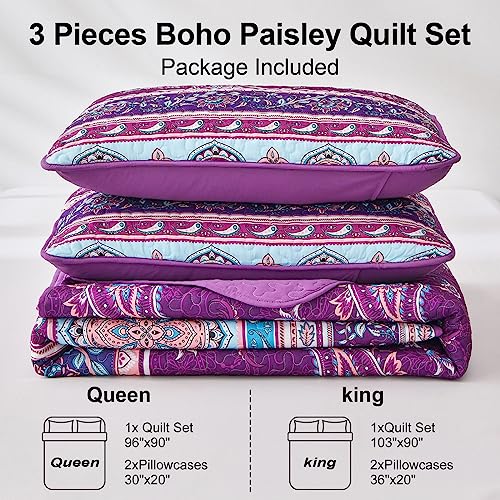 Dintszyayue Purple Boho Quilt Set Queen Size, 3 Pieces Bohemian Paisley Pattern Bedspread With 2 Pillowcases, Floral Print Bedding Set Lightweight Microfiber Coverlet For All Season Queen96 X90 #TOP5