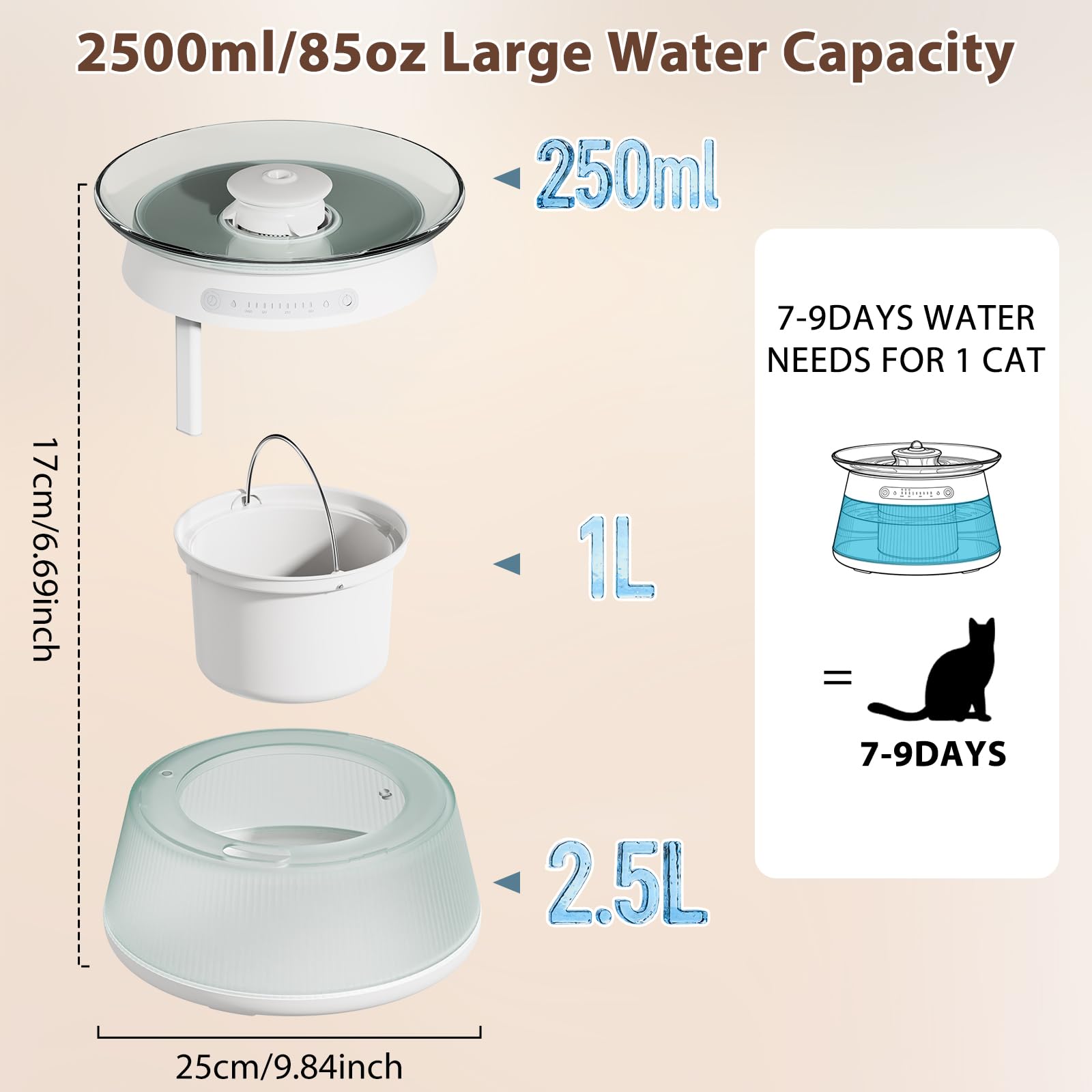 Fuente de agua inteligente de vidrio para gatos, fuente de agua inalámbrica sin filtro, no necesita filtro, dispensador de agua inalámbrico ultra silencioso para mascotas para interiores