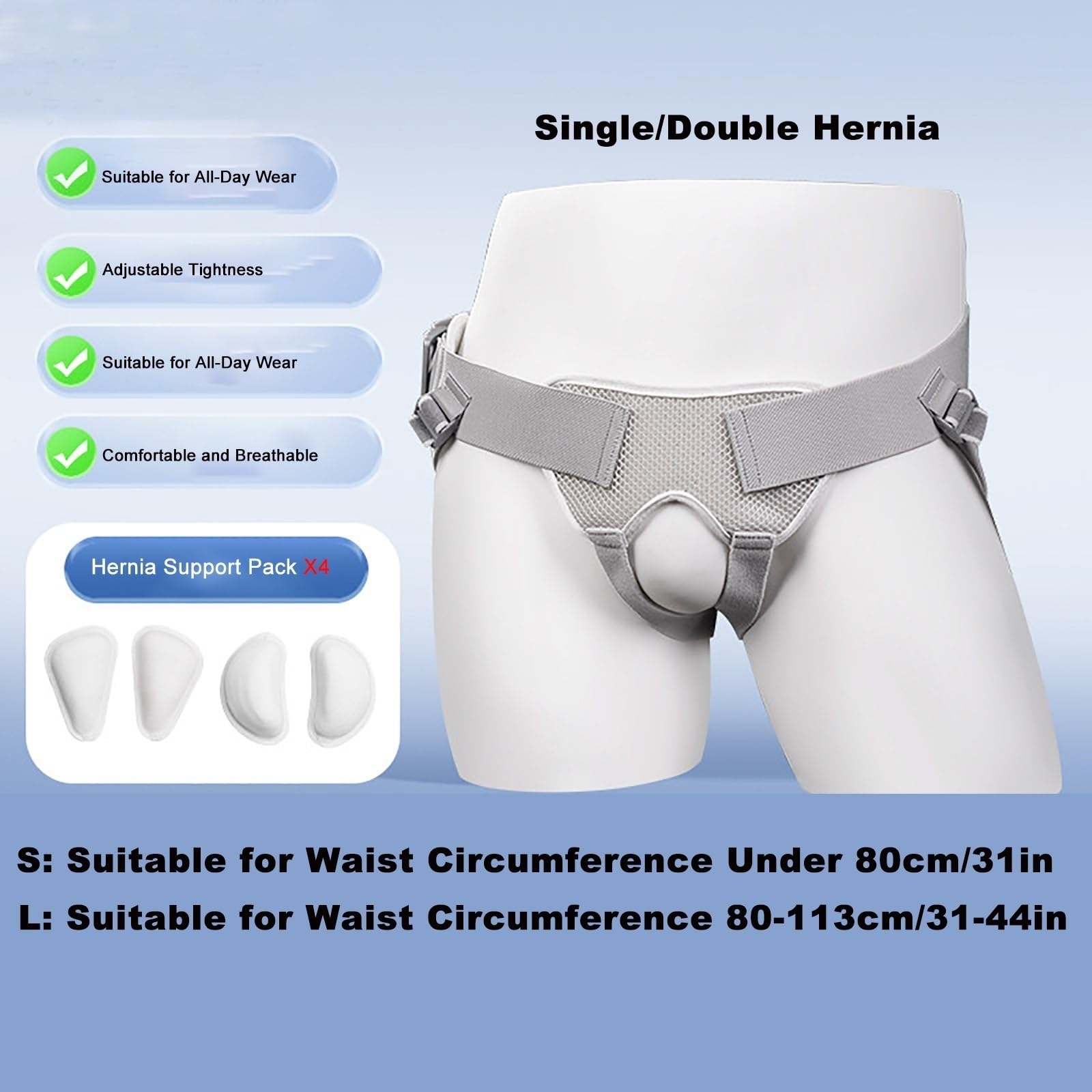 Cintura per Ernia da Uomo e Donna per Ernia Inguinale Singola o Doppia, Fascia di Sostegno Regolabile con 4 Cuscinetti Compressivi, Comoda e Traspirante(Large)
